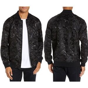 REIGNING CHAMP Black Nights Camo Satin‎ Logo Embroidered Back Stadium Jacket M